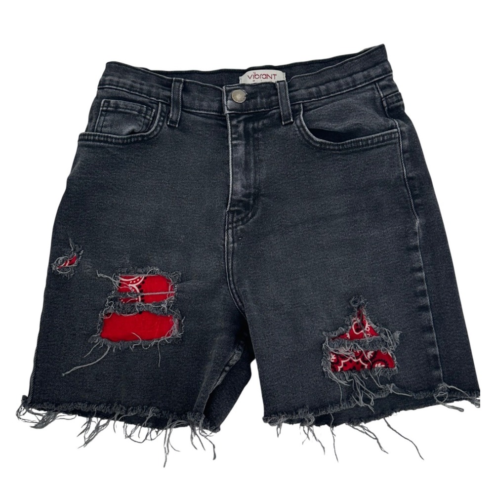 Vibrant MIU VTG Black Distressed Bandana Patch Denim Shorts Size 9‎ USA made